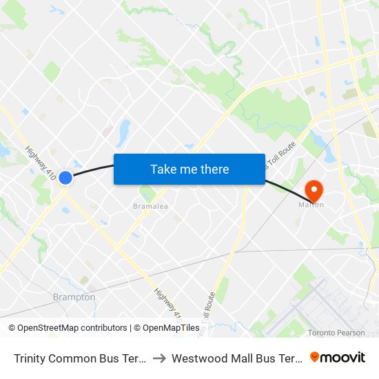 Trinity Common Bus Terminal to Westwood Mall Bus Terminal map
