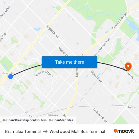 Bramalea Terminal to Westwood Mall Bus Terminal map