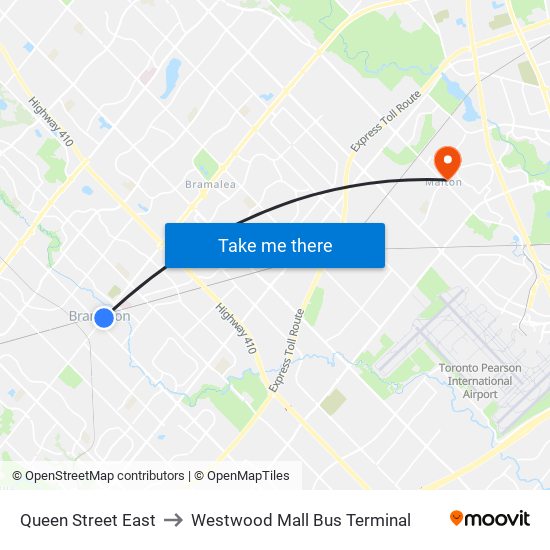 Queen Street East to Westwood Mall Bus Terminal map