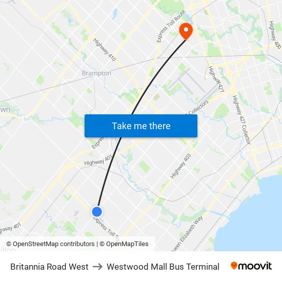 Britannia Road West to Westwood Mall Bus Terminal map