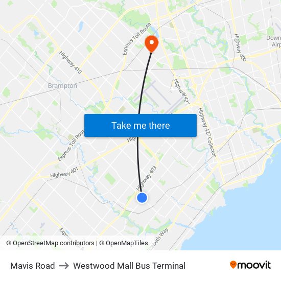 Mavis Road to Westwood Mall Bus Terminal map