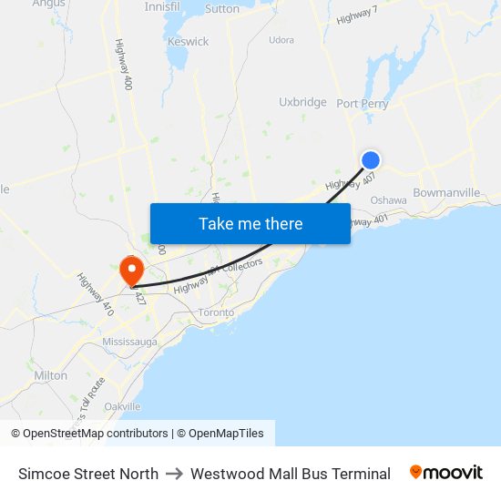 Simcoe Street North to Westwood Mall Bus Terminal map