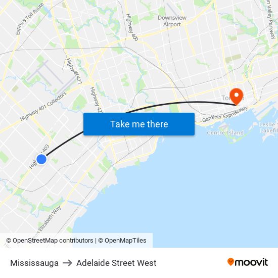 Mississauga to Adelaide Street West map