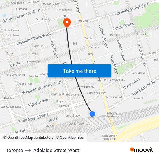 Toronto to Adelaide Street West map