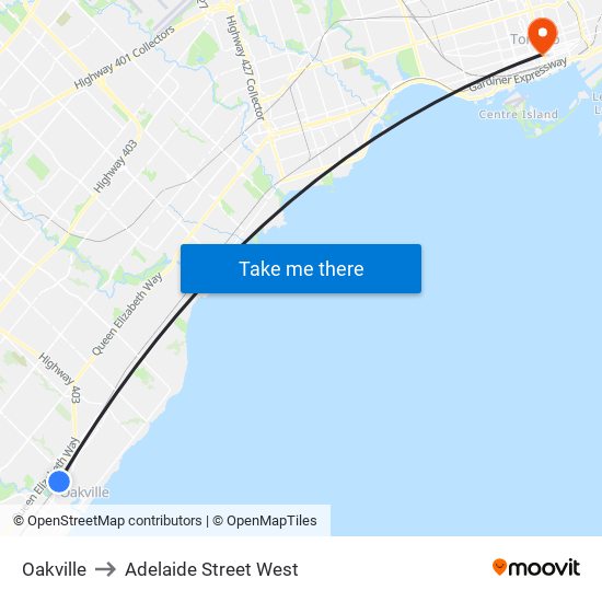 Oakville to Adelaide Street West map