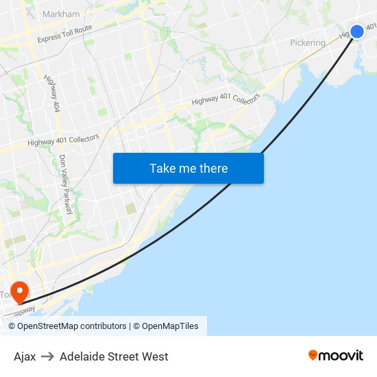 Ajax to Adelaide Street West map