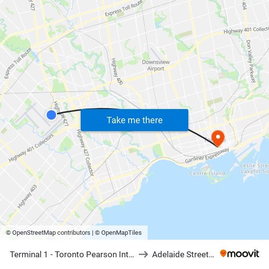 Terminal 1 - Toronto Pearson Int'L Airport to Adelaide Street West map