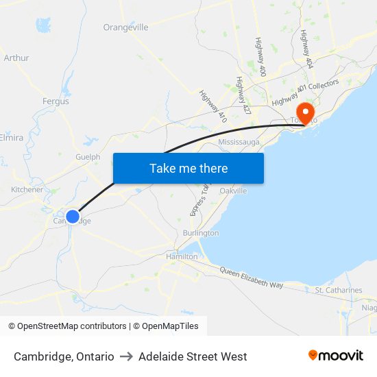 Cambridge, Ontario to Adelaide Street West map