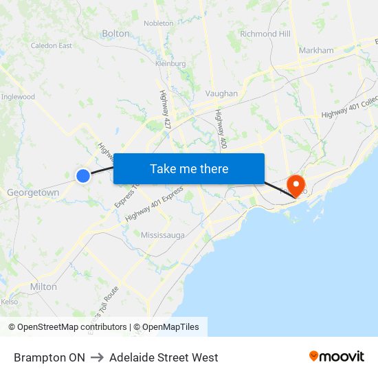 Brampton ON to Adelaide Street West map