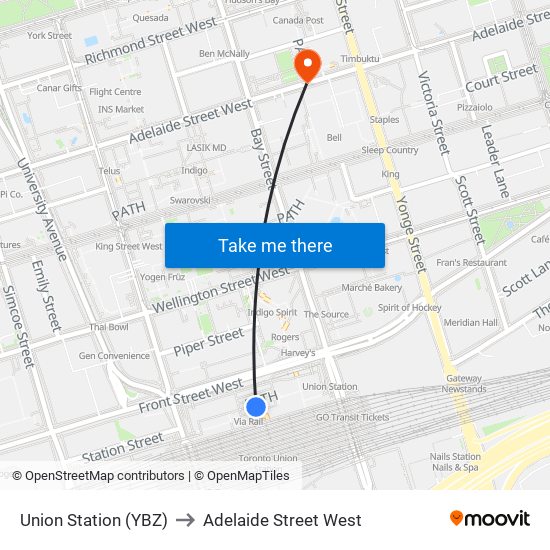 Union Station (YBZ) to Adelaide Street West map