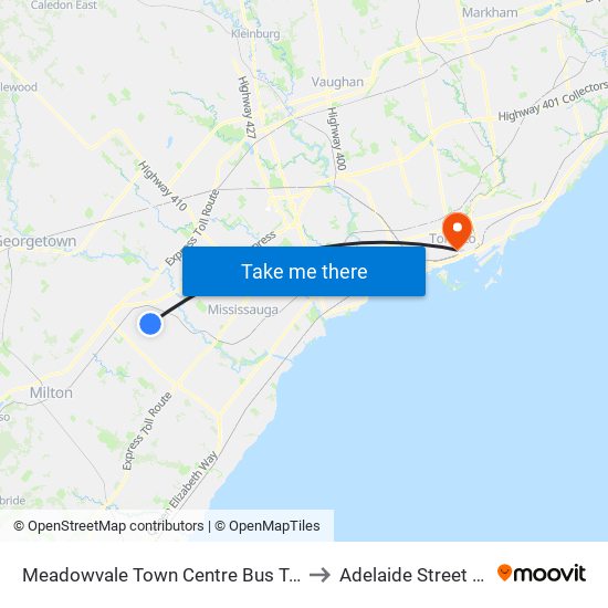 Meadowvale Town Centre Bus Terminal to Adelaide Street West map