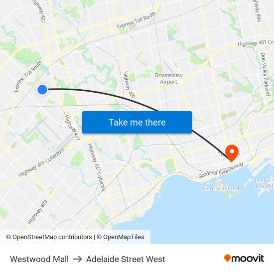 Westwood Mall to Adelaide Street West map