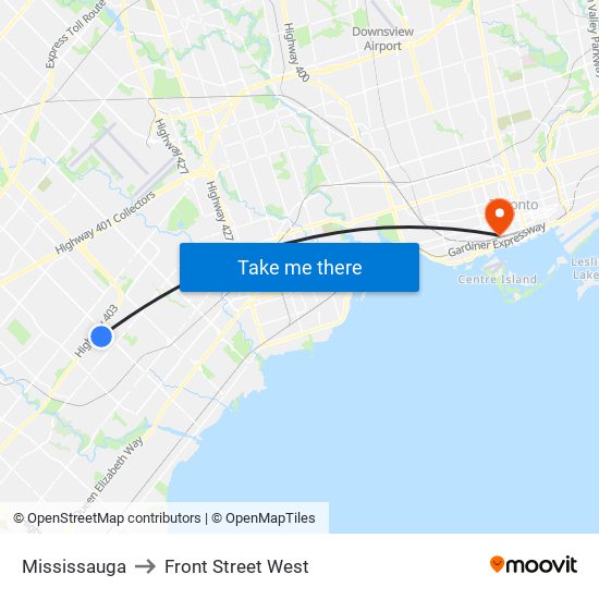 Mississauga to Front Street West map