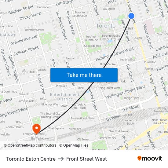 Toronto Eaton Centre to Front Street West map