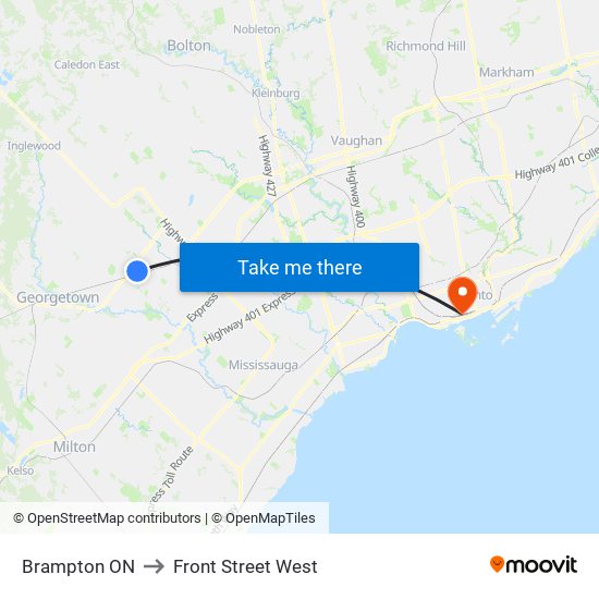 Brampton ON to Front Street West map