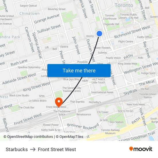 Starbucks to Front Street West map