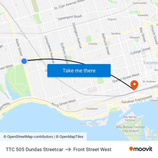 TTC 505 Dundas Streetcar to Front Street West map