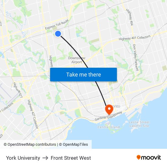 York University to Front Street West map
