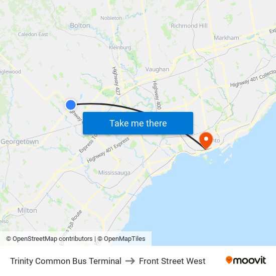 Trinity Common Bus Terminal to Front Street West map
