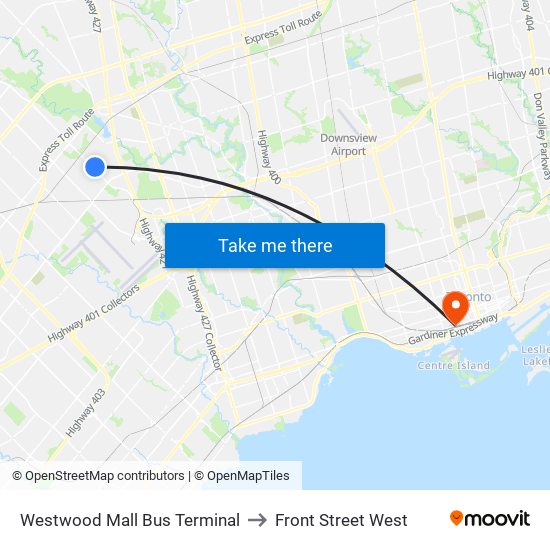 Westwood Mall Bus Terminal to Front Street West map