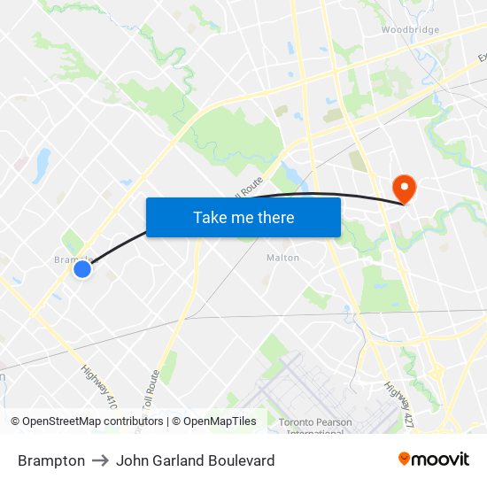 Brampton to John Garland Boulevard map