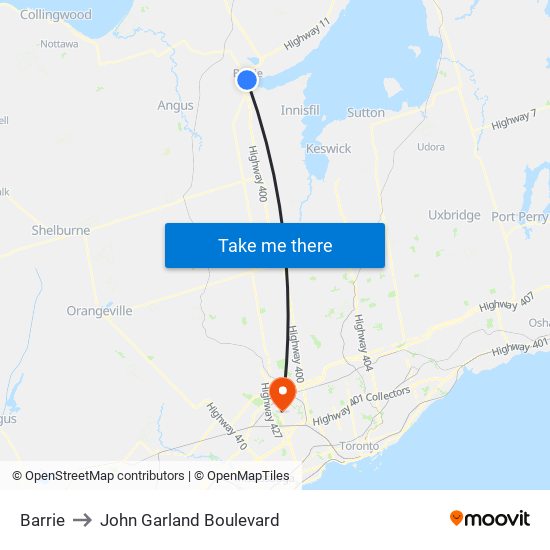 Barrie to John Garland Boulevard map