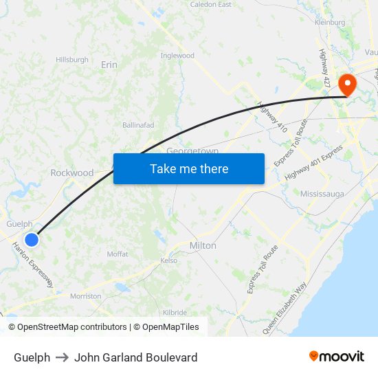 Guelph to John Garland Boulevard map