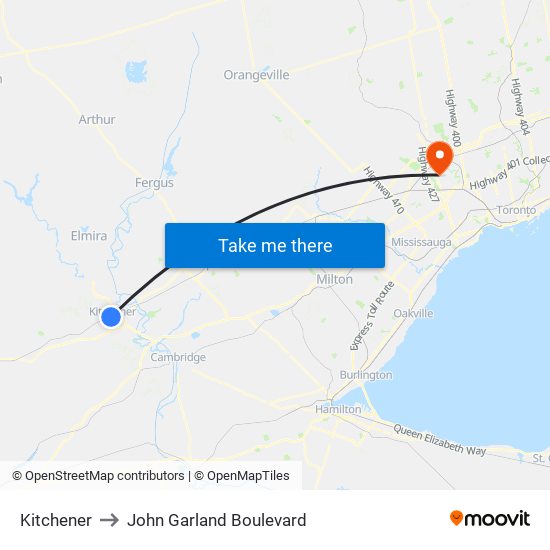 Kitchener to John Garland Boulevard map