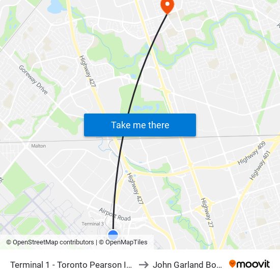 Terminal 1 - Toronto Pearson Int'L Airport to John Garland Boulevard map