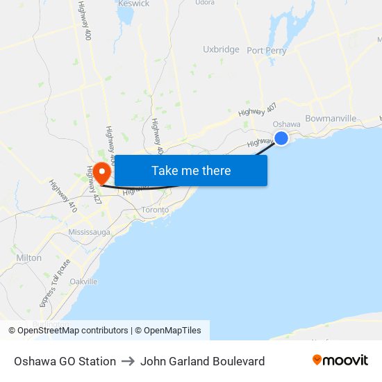 Oshawa GO Station to John Garland Boulevard map
