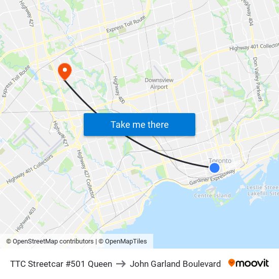 TTC Streetcar #501 Queen to John Garland Boulevard map