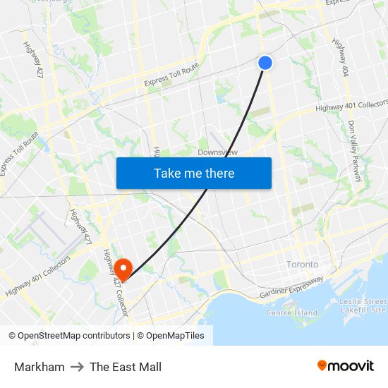 Markham to The East Mall map
