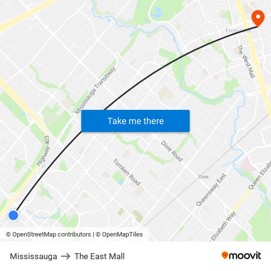 Mississauga to The East Mall map