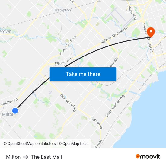 Milton to The East Mall map