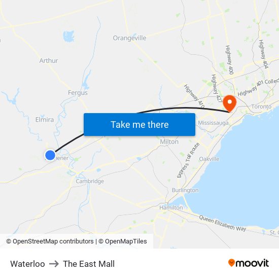 Waterloo to The East Mall map