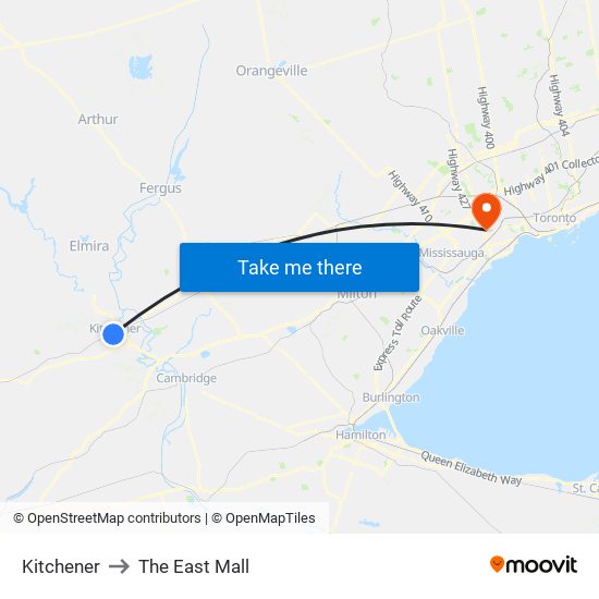 Kitchener to The East Mall map