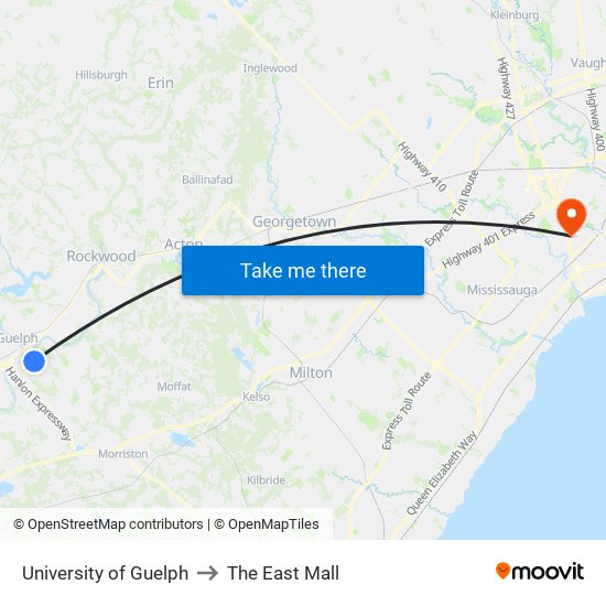 University of Guelph to The East Mall map