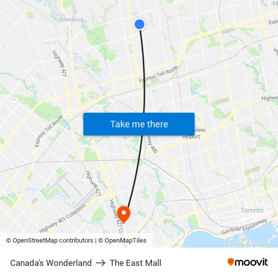 Canada's Wonderland to The East Mall map