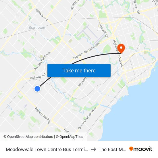 Meadowvale Town Centre Bus Terminal to The East Mall map