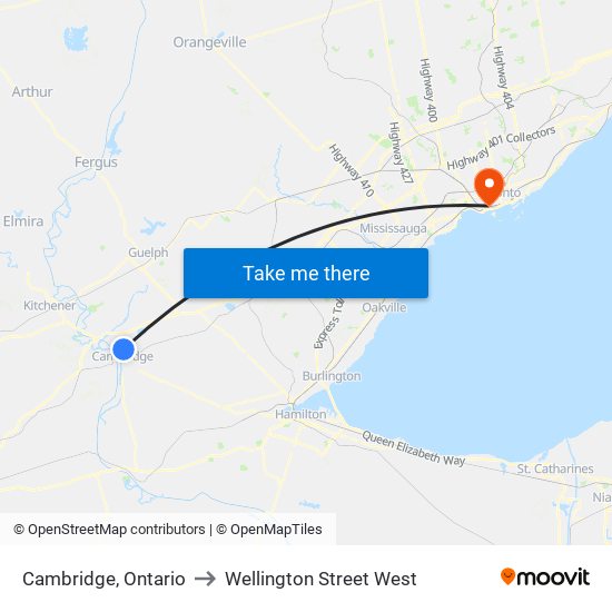 Cambridge, Ontario to Wellington Street West map