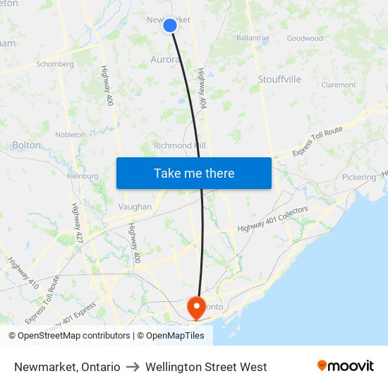 Newmarket, Ontario to Wellington Street West map