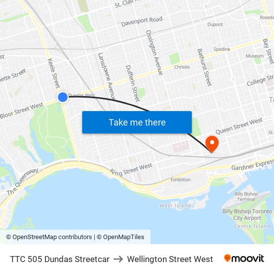 TTC 505 Dundas Streetcar to Wellington Street West map