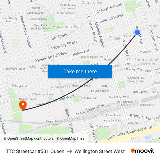 TTC Streetcar #501 Queen to Wellington Street West map