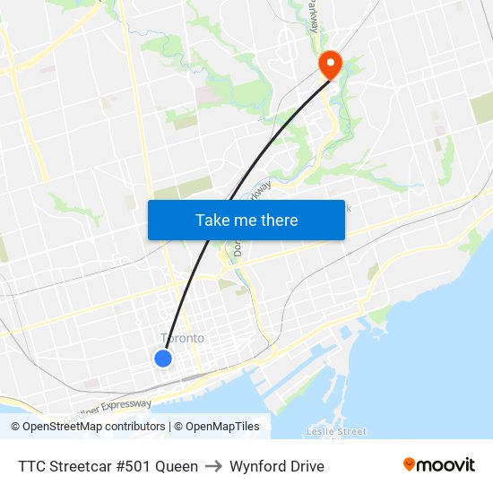 TTC Streetcar #501 Queen to Wynford Drive map