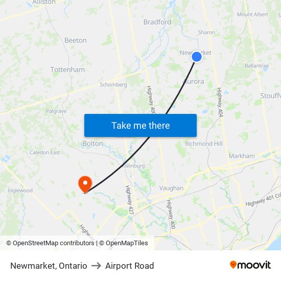 Newmarket, Ontario to Airport Road map