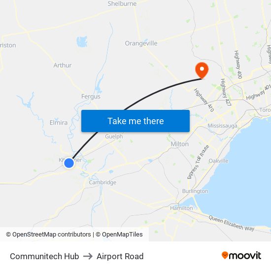 Communitech Hub to Airport Road map