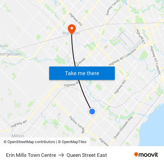 Erin Mills Town Centre to Queen Street East map