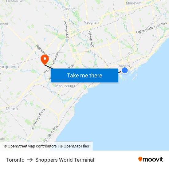 Toronto to Shoppers World Terminal map