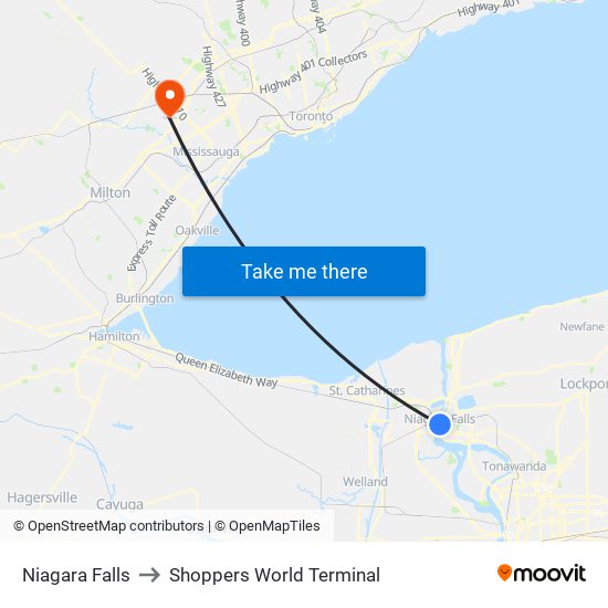 Niagara Falls to Shoppers World Terminal map