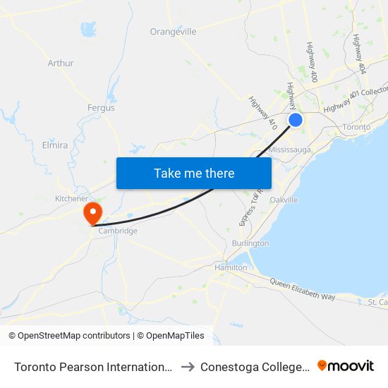 Toronto Pearson International Airport (Yyz) to Conestoga College Boulevard map
